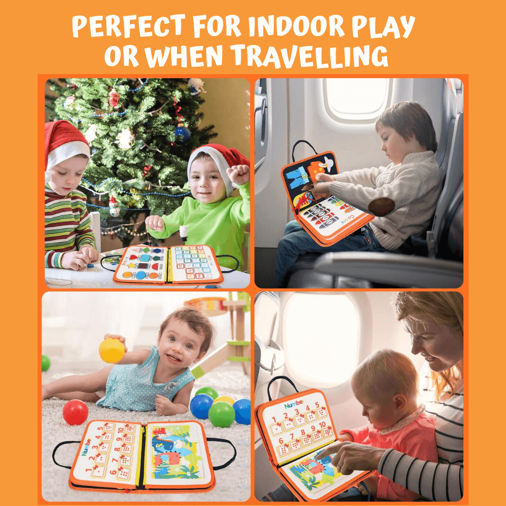 Photo collage of children playing with busy books