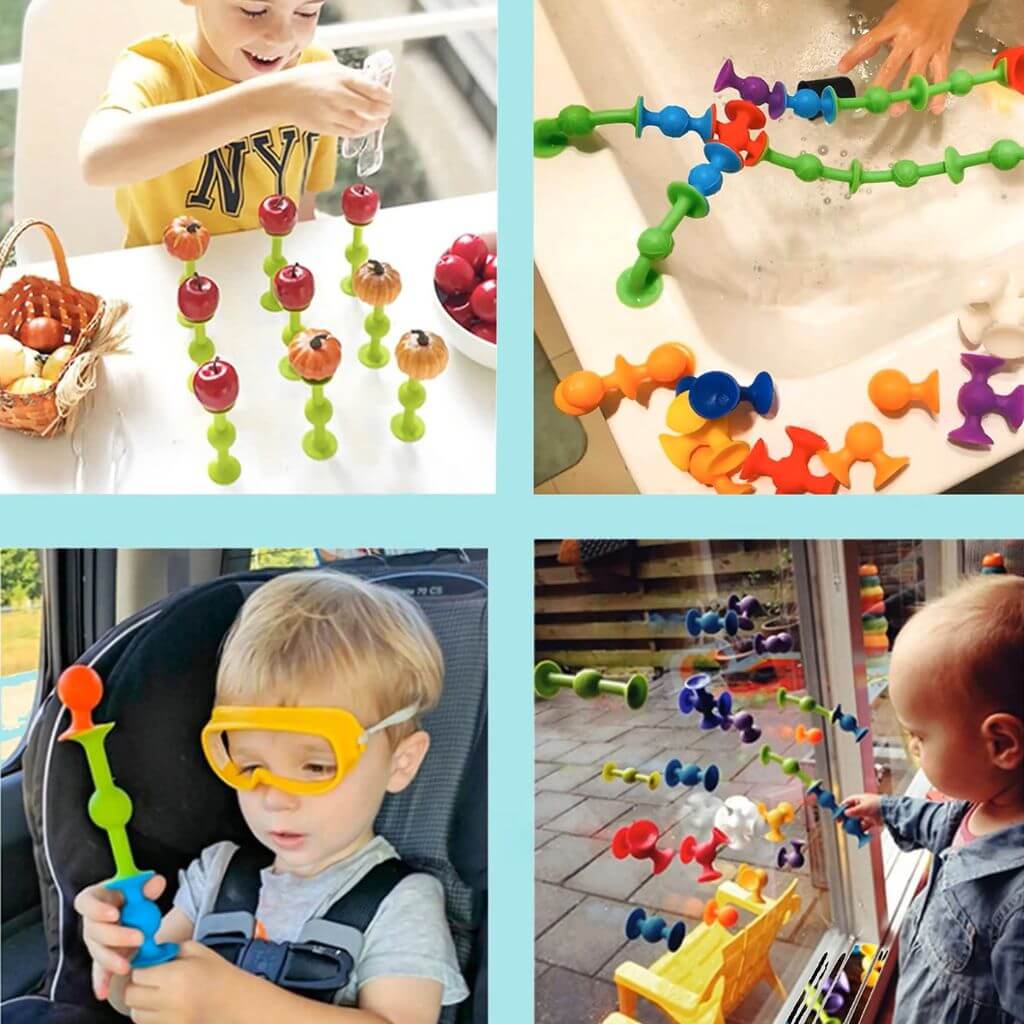 Photo collage children playing with Suction toys