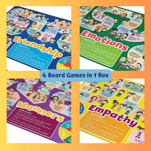 Photo collage of four Social Skills Board Games by Junior Learning on orange background