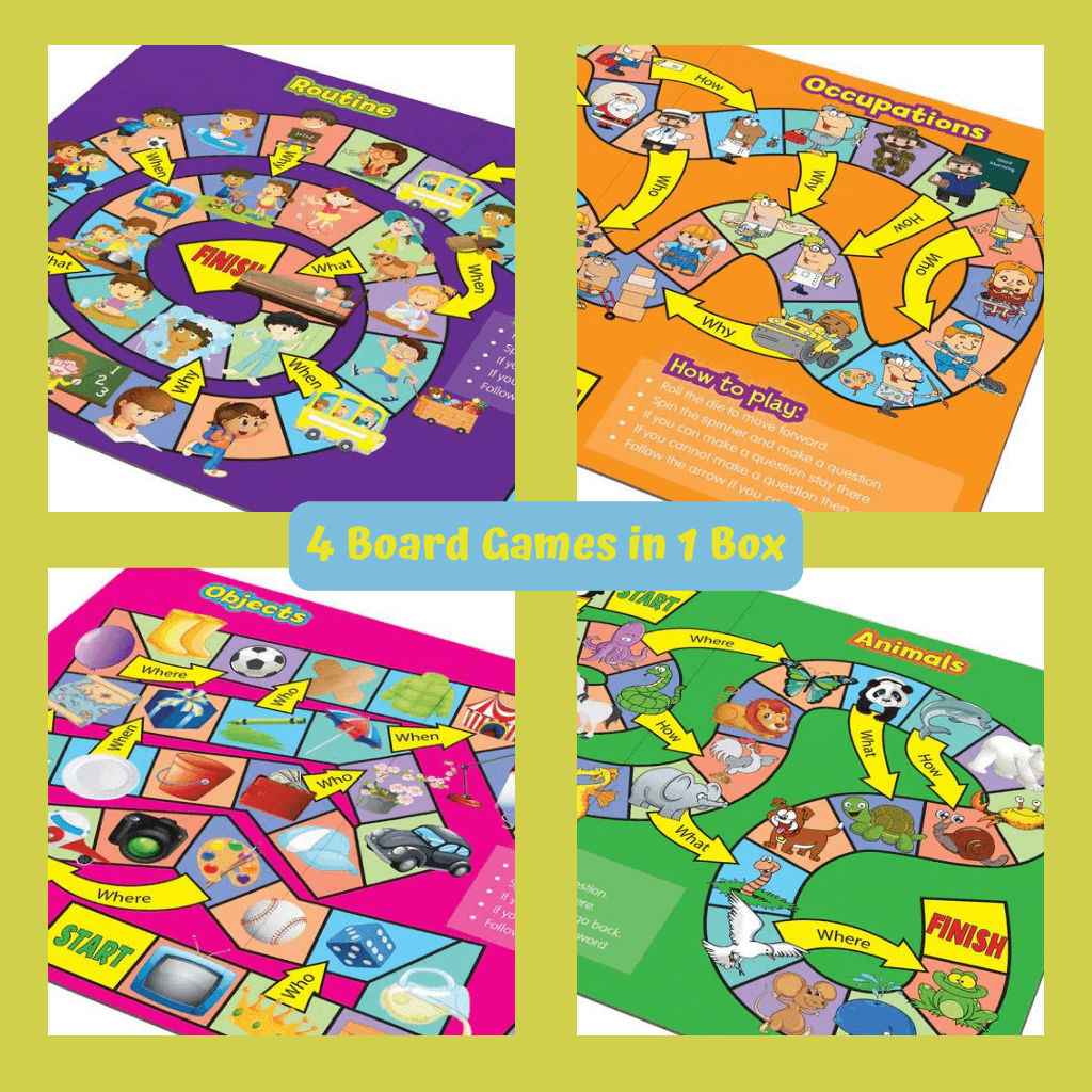 Photo collage of four Speaking Board Games by Junior Learning JL424 on lime green background