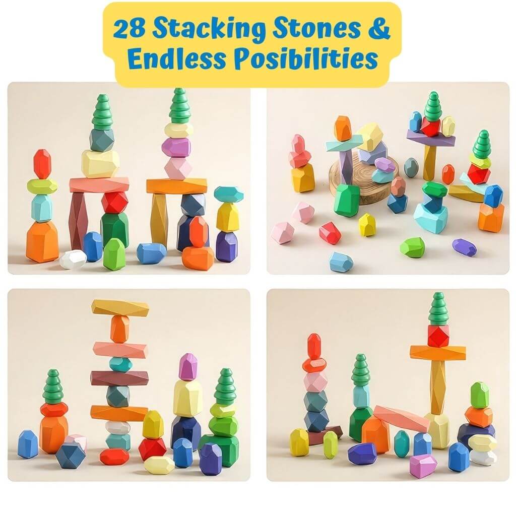 Colorful wooden stacking stones on white background