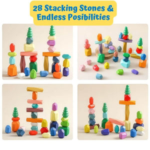 Photo collage with 4 images with wooden stacking stones for children