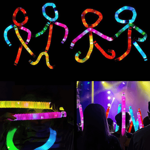 Photo collage with 4 photos of luminous pop tubes
