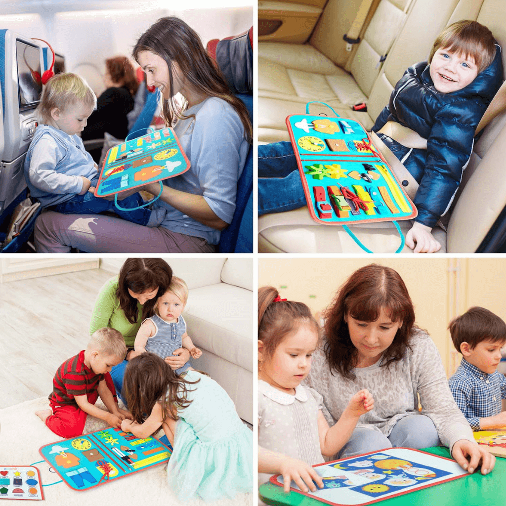 Photo collage with four picture with children playing with busy books