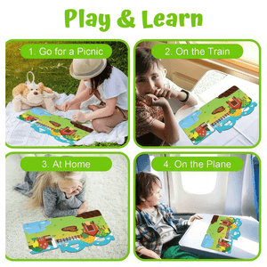 Photo collage with four pictures of kids playing with reusable sticker books