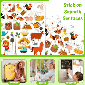 Photo collage with four pictures with reusable stickers stuck on suitcase, window and refrigerator