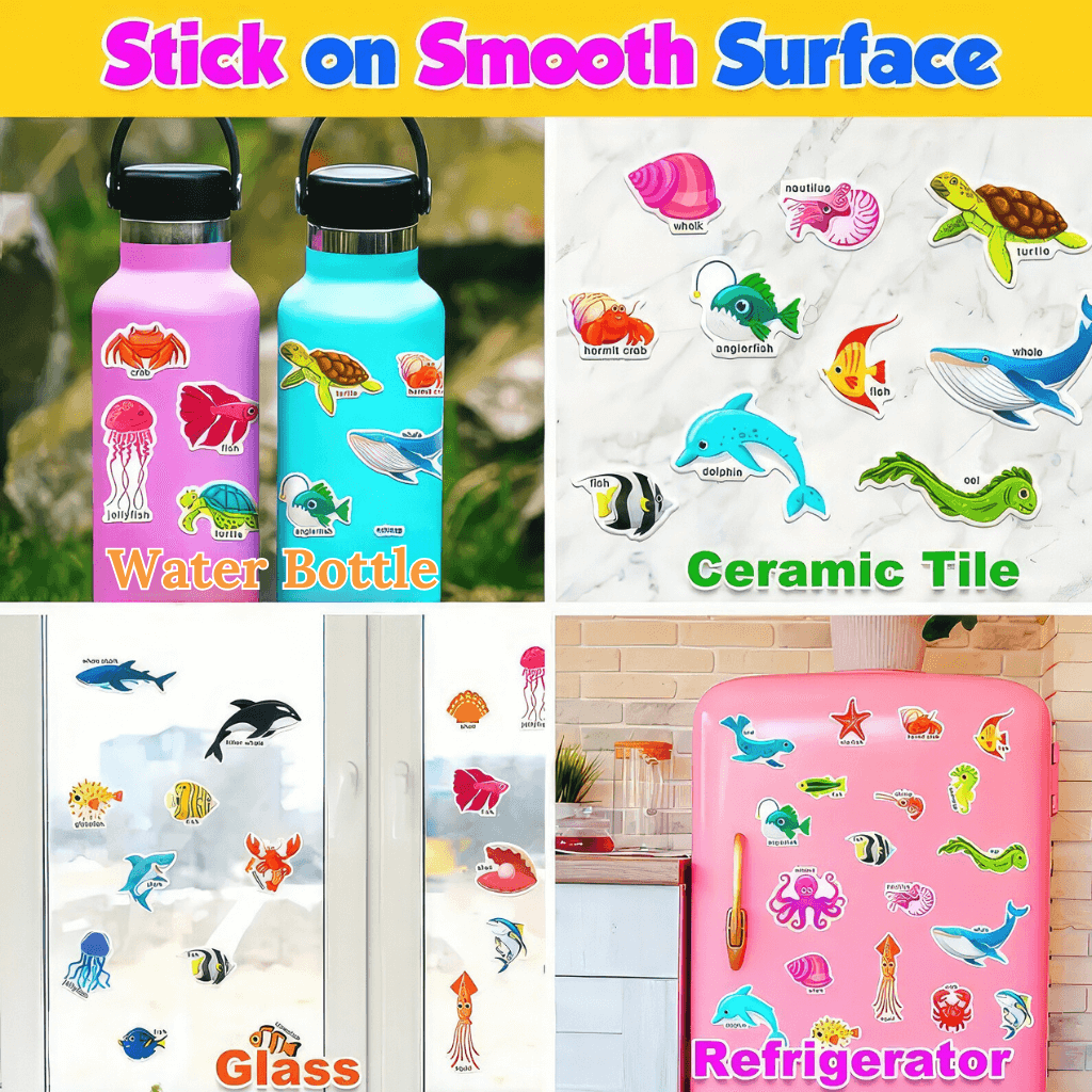 Photo collage with four pictures with reusable stickers