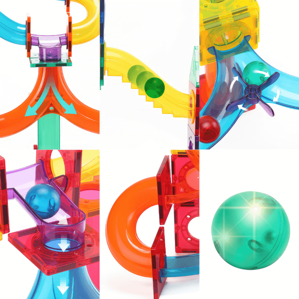 Photo collage of six pictures on ball run constructions