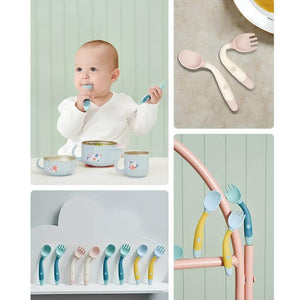 Photo collage with spoon and fork sets for self feeding
