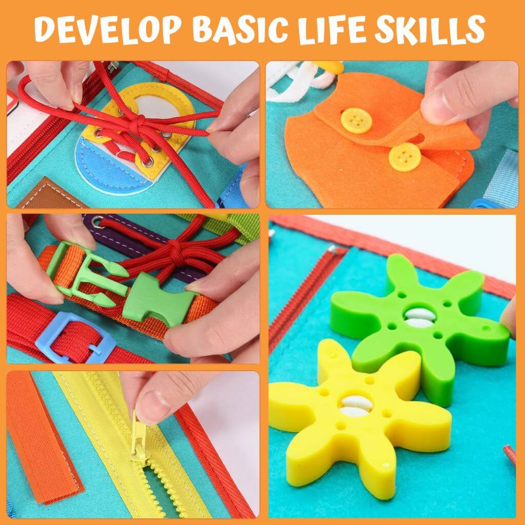 Pinion, zipper, buckle, laces, buttons on a busy book close up