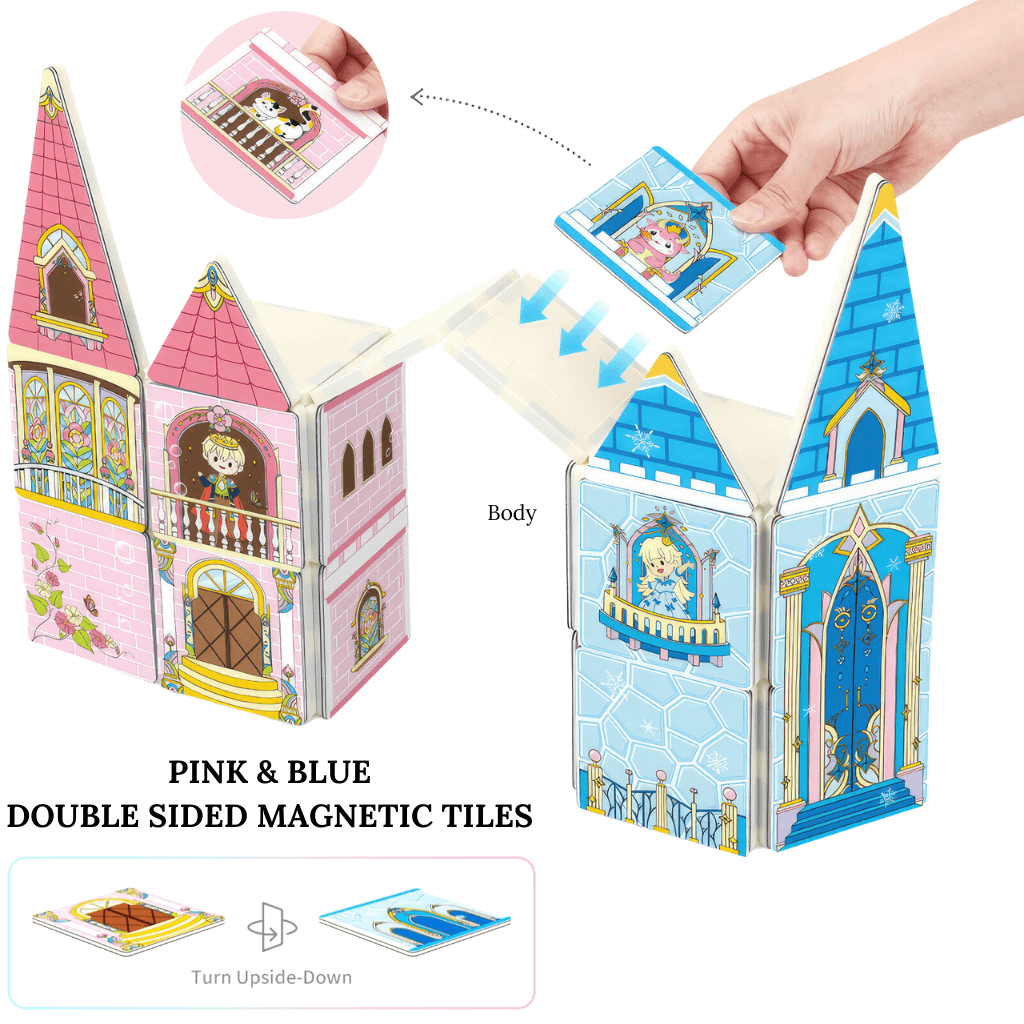 Pink and blue double-sided magnetic tiles castles