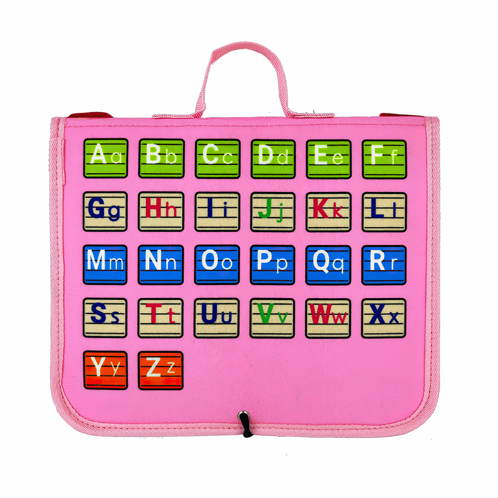 A pink zippered educational pouch or organizer featuring a periodic table style design with colorful letter tiles labeled A through Z, shown on a plain white background.