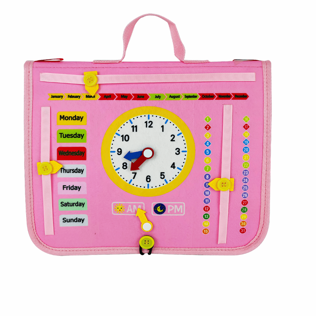 Pink felt educational activity mat with a clock, days of the week, AM/PM, and number buttons, on a white background.