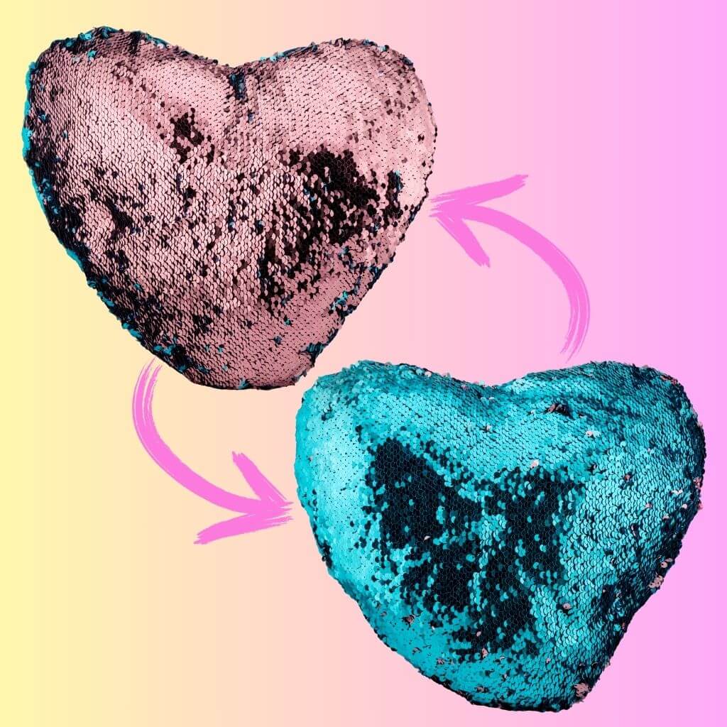 Pink sequin throw pillow that turns blue