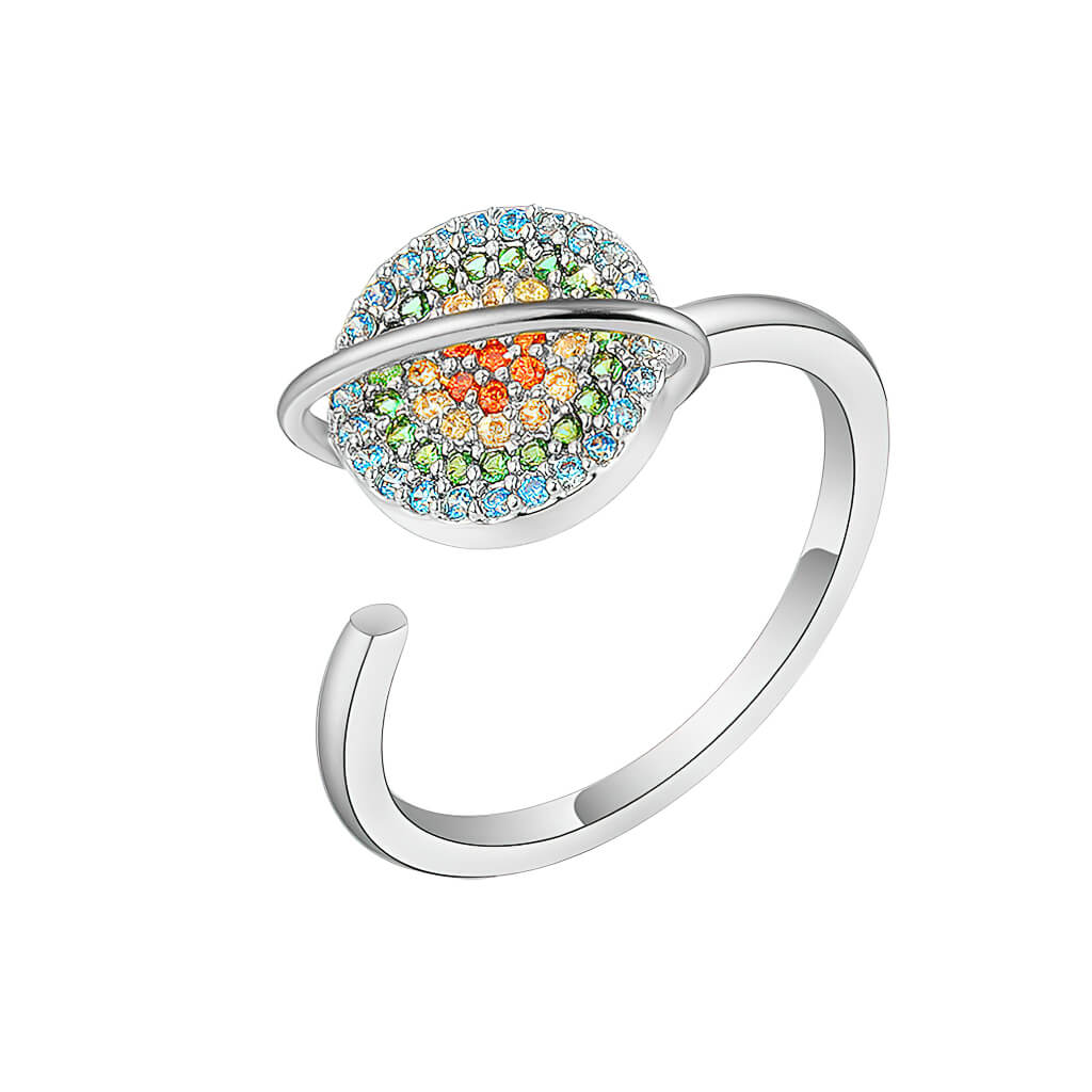 Planet adjustable anxiety ring in silver on white background