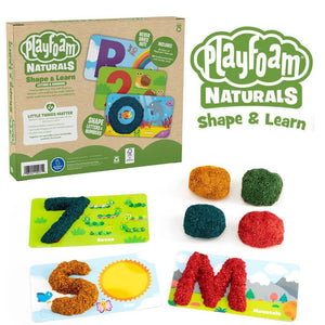 Playfoam Naturals Shape & Learn Letters & Numbers back view of the box and contents on white background