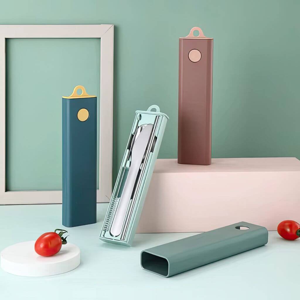 Portable cutlery sets pink, green, deep teal