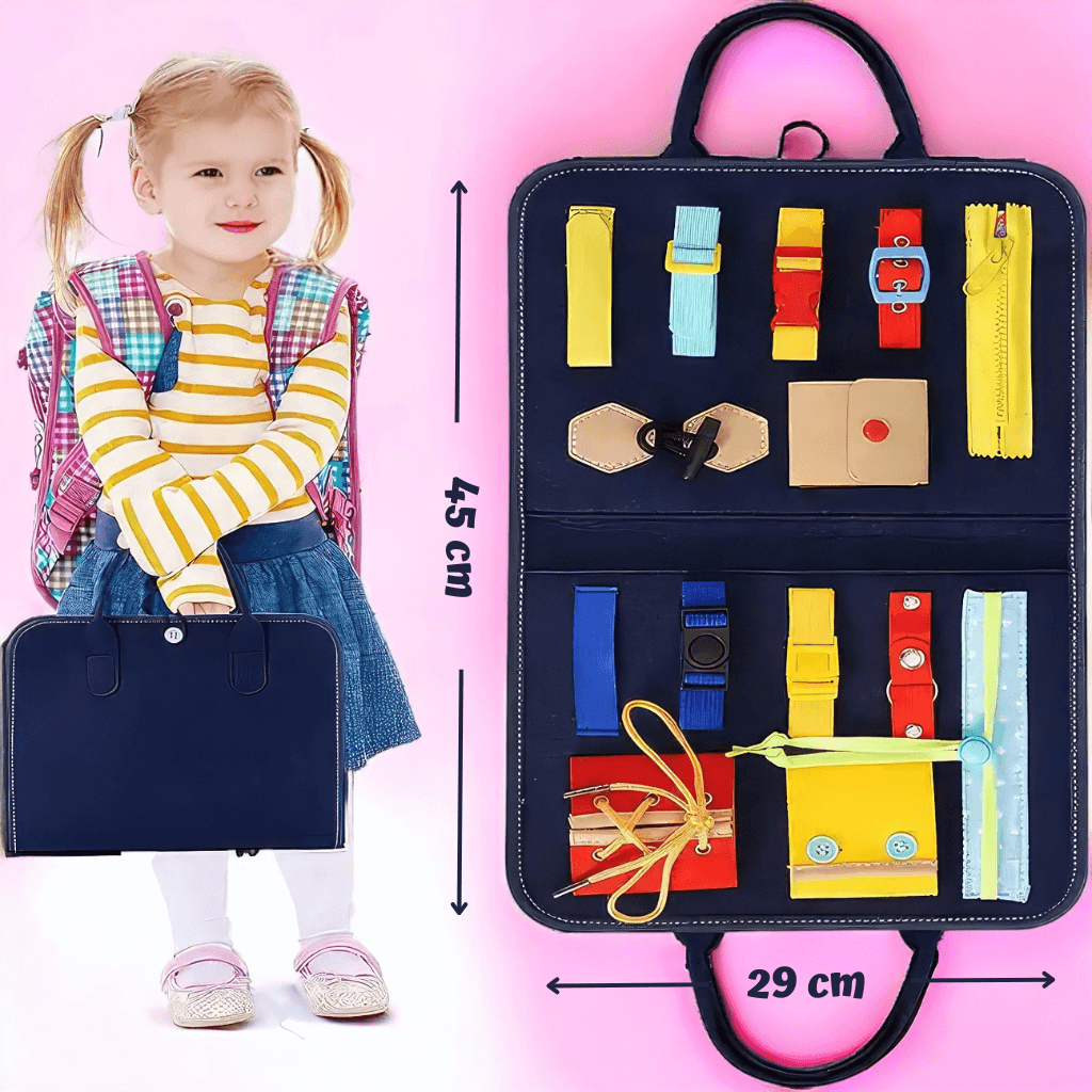 Preschool caucasian girl with a backpack holding a busy book on pink background