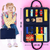 Preschool caucasian girl with a backpack holding a busy book on pink background