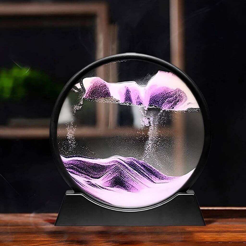 Purple moving sand art on a wooden table and black background