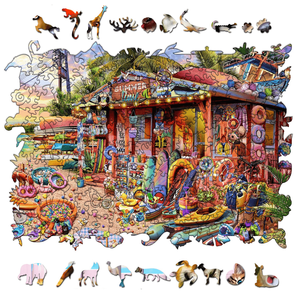 Puzzle wooden pieces Happy Summer Time on white background