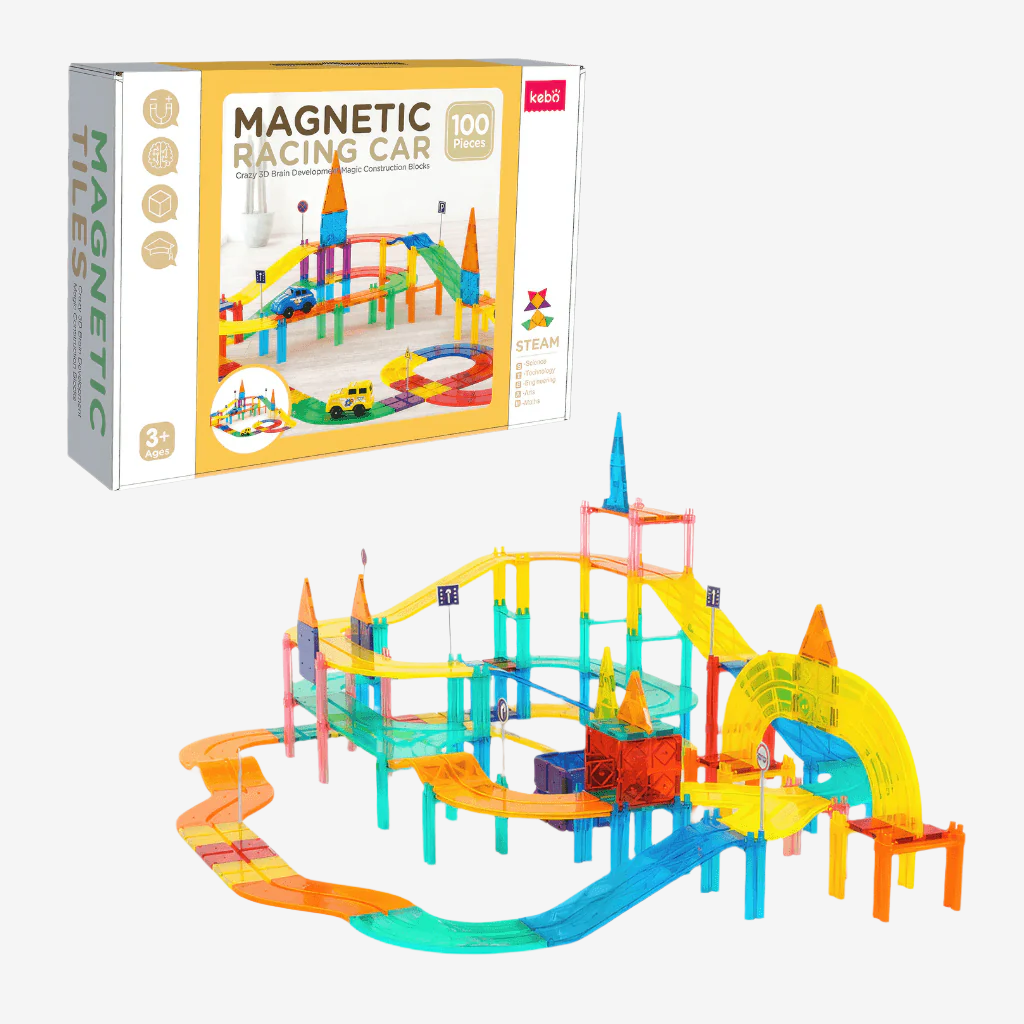 Race car track building blocks and box