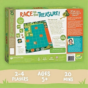Race to the Treasure cooperative board game by Peaceable Kingdom box info graphic