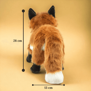  Red fox puppet from Folkmanis with dimensions on brown background
