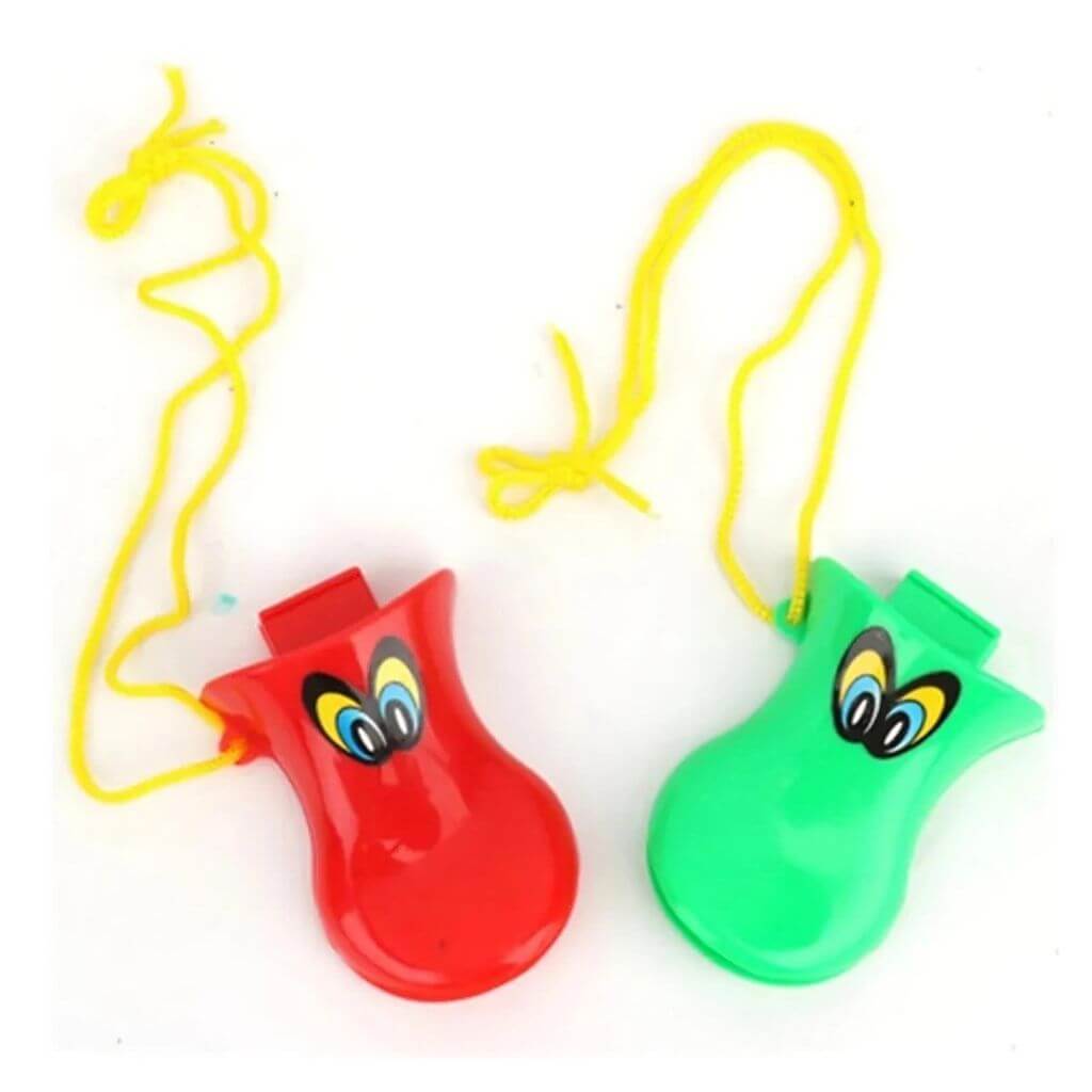 Five multicolored duck beak whistles on a white background