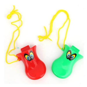 Red and green duck beak whistles with yellow strings on a white background
