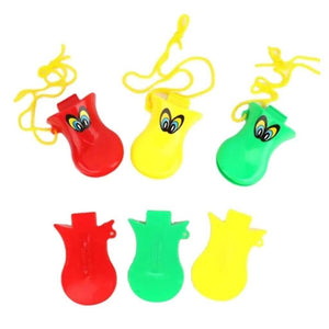 Red green and yellow duck beak whistles front and back view on a white background