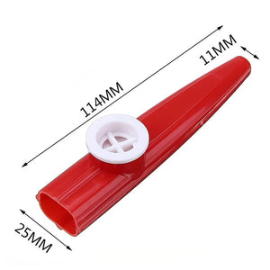 Red kazoo with dimensions on a white background