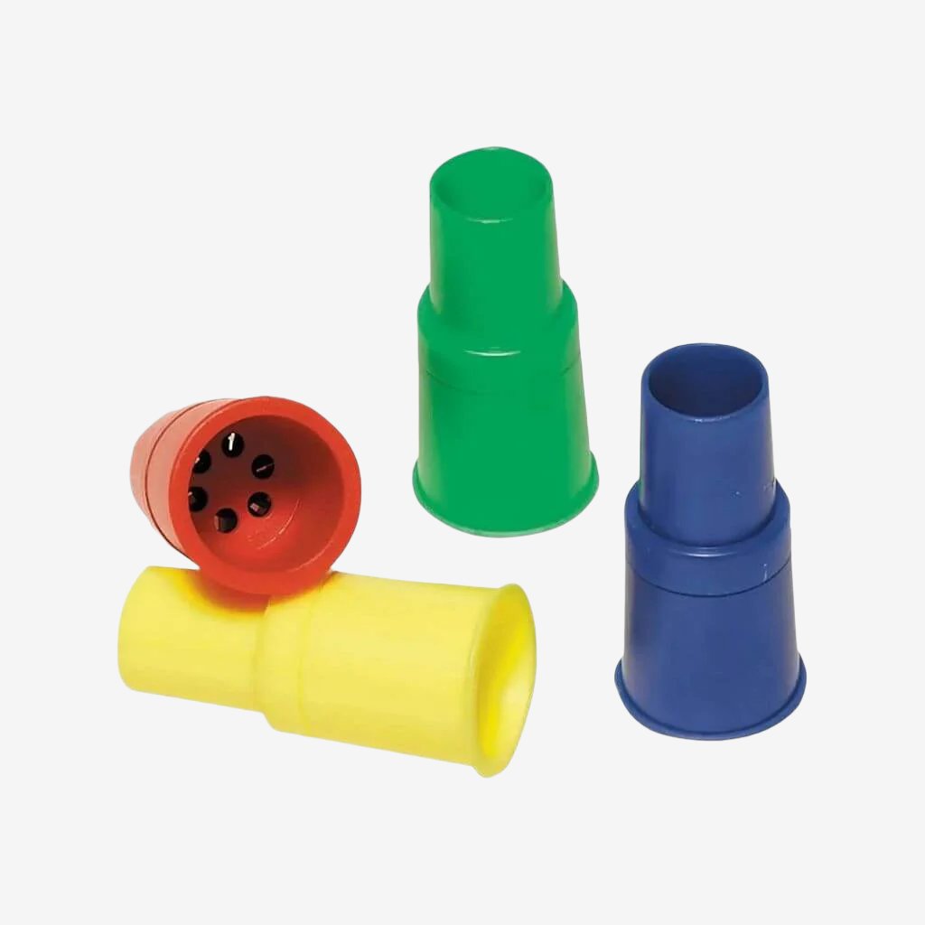 Red, yellow, blue, green siren whistles on a white background