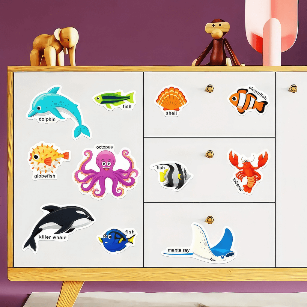 Reusable stickers on a white cupboard