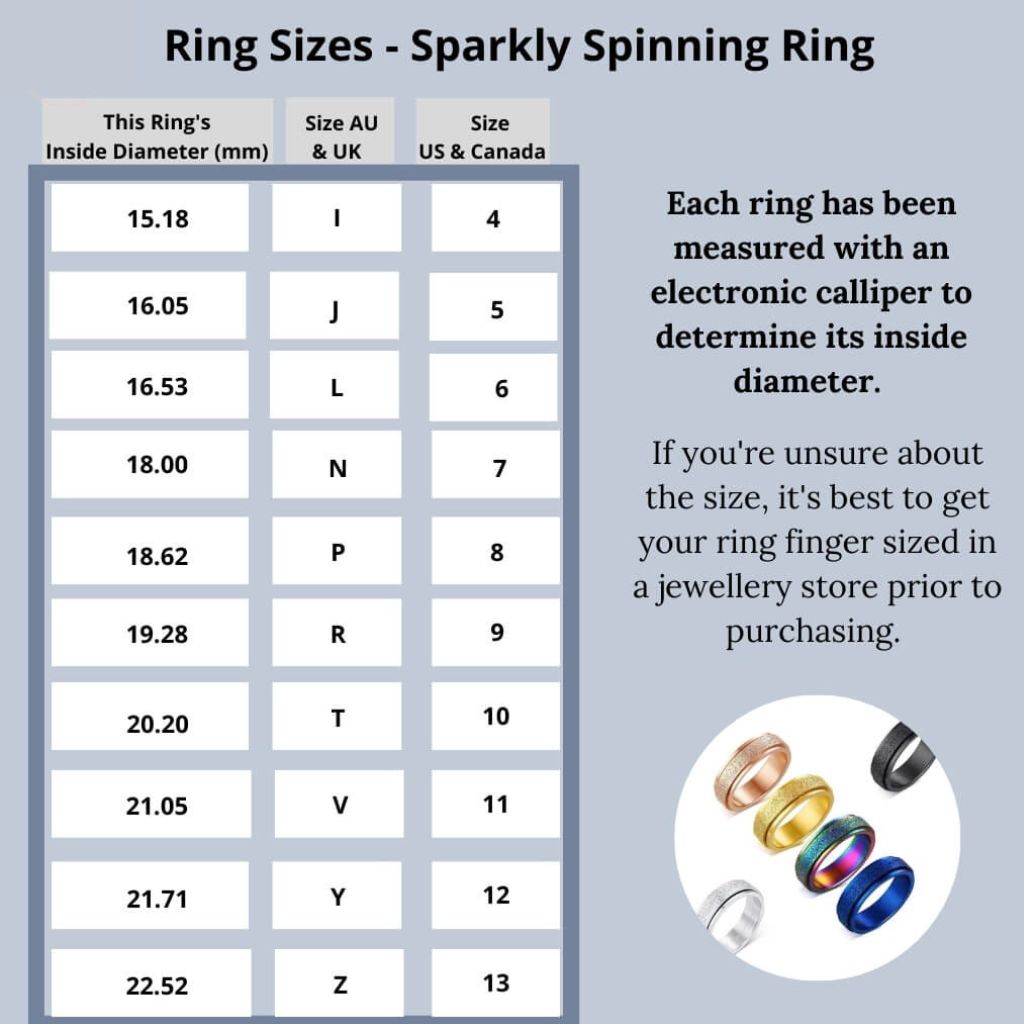 Ring size chart Australia stainless steel sparkly fidget rings