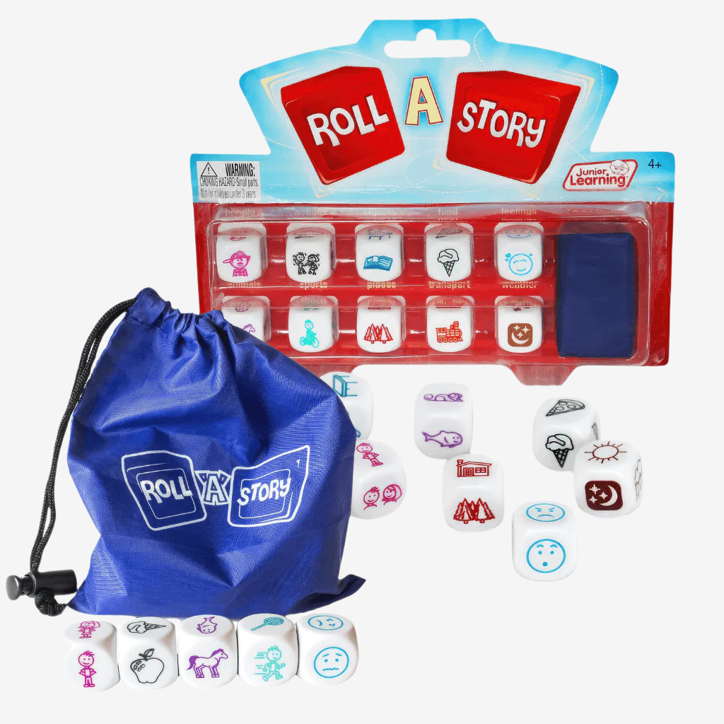 Roll a Story game by Junior Learning 856258003405 package, die and storage bag