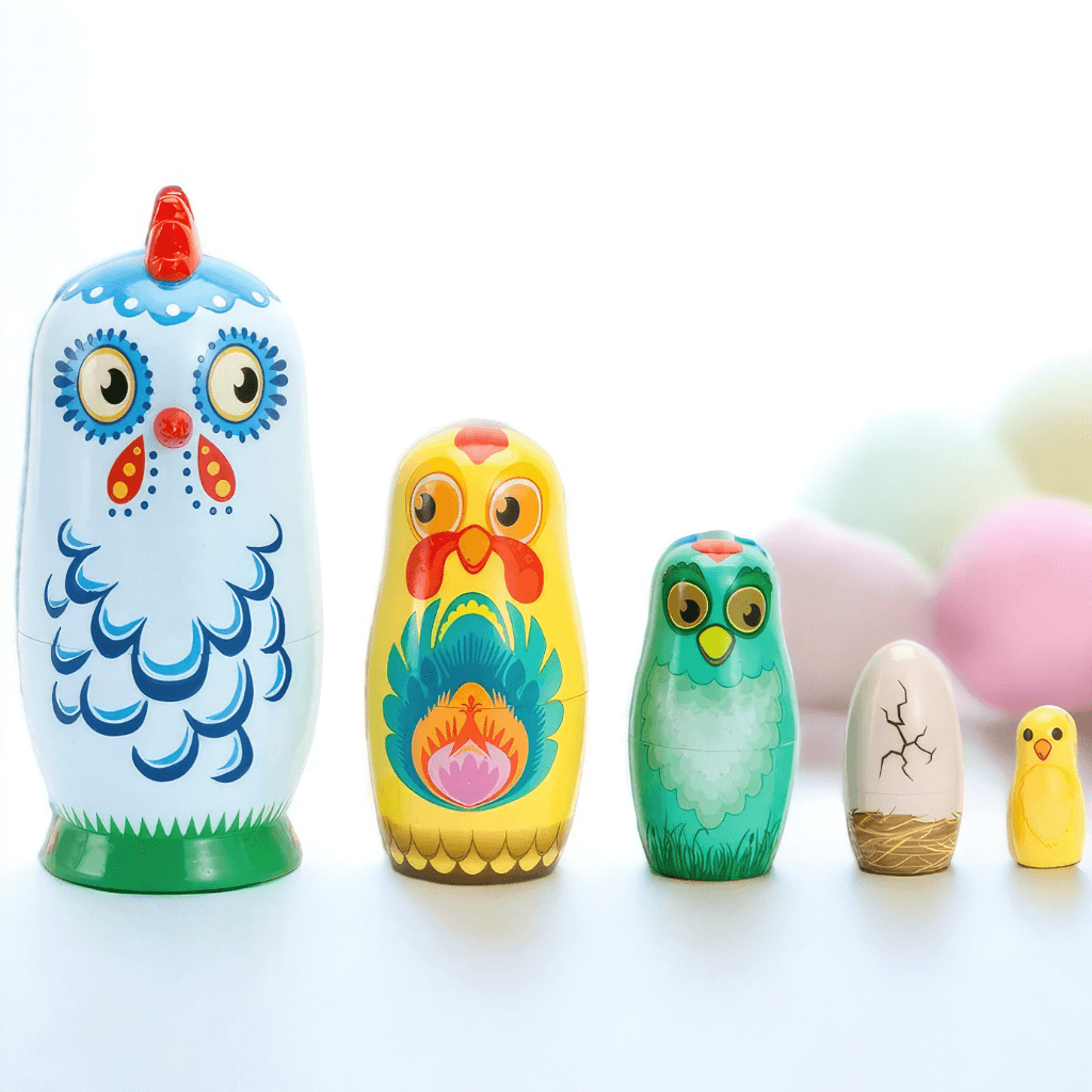Babushka nesting dolls chickens on white background