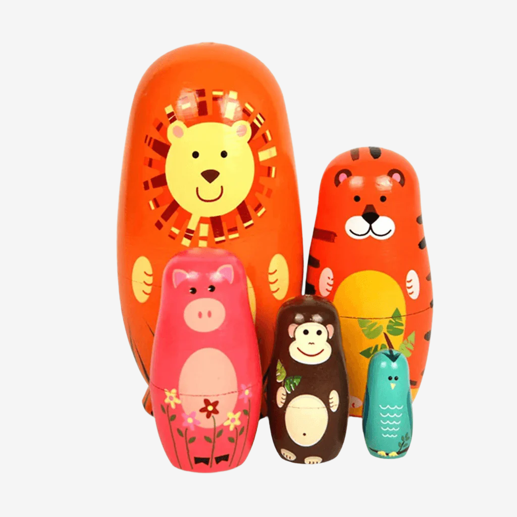 Russian nesting dolls Babushka savanna animals on white background