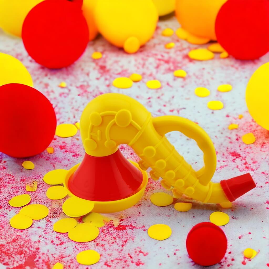 Saxophone bubble blower on a white surface with confetti