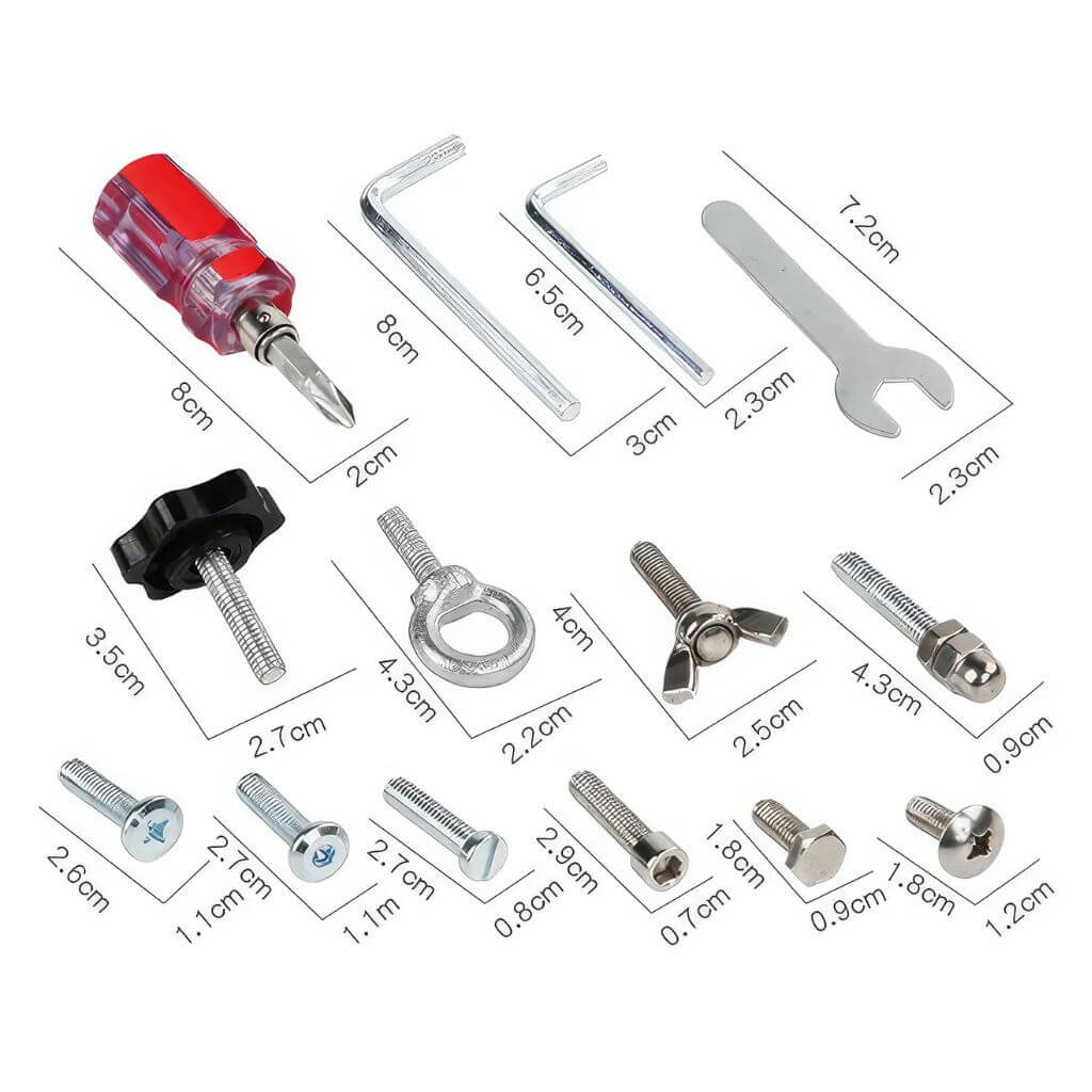Screwdriver, hex key and spanner bolt set components with dimensions