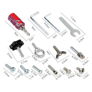Screwdriver, hex key and spanner bolt set components with dimensions