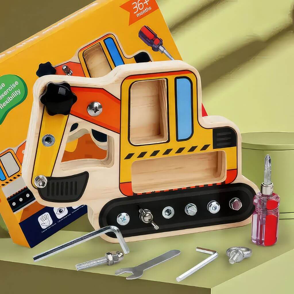 Screwdriver nuts and bolts board with box on green background