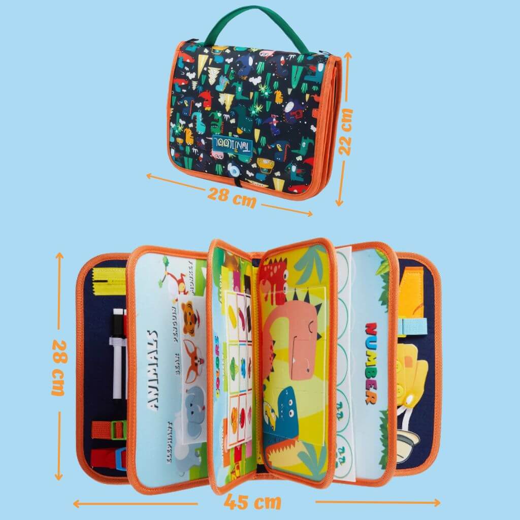 Sensory Book with dimensions on blue background