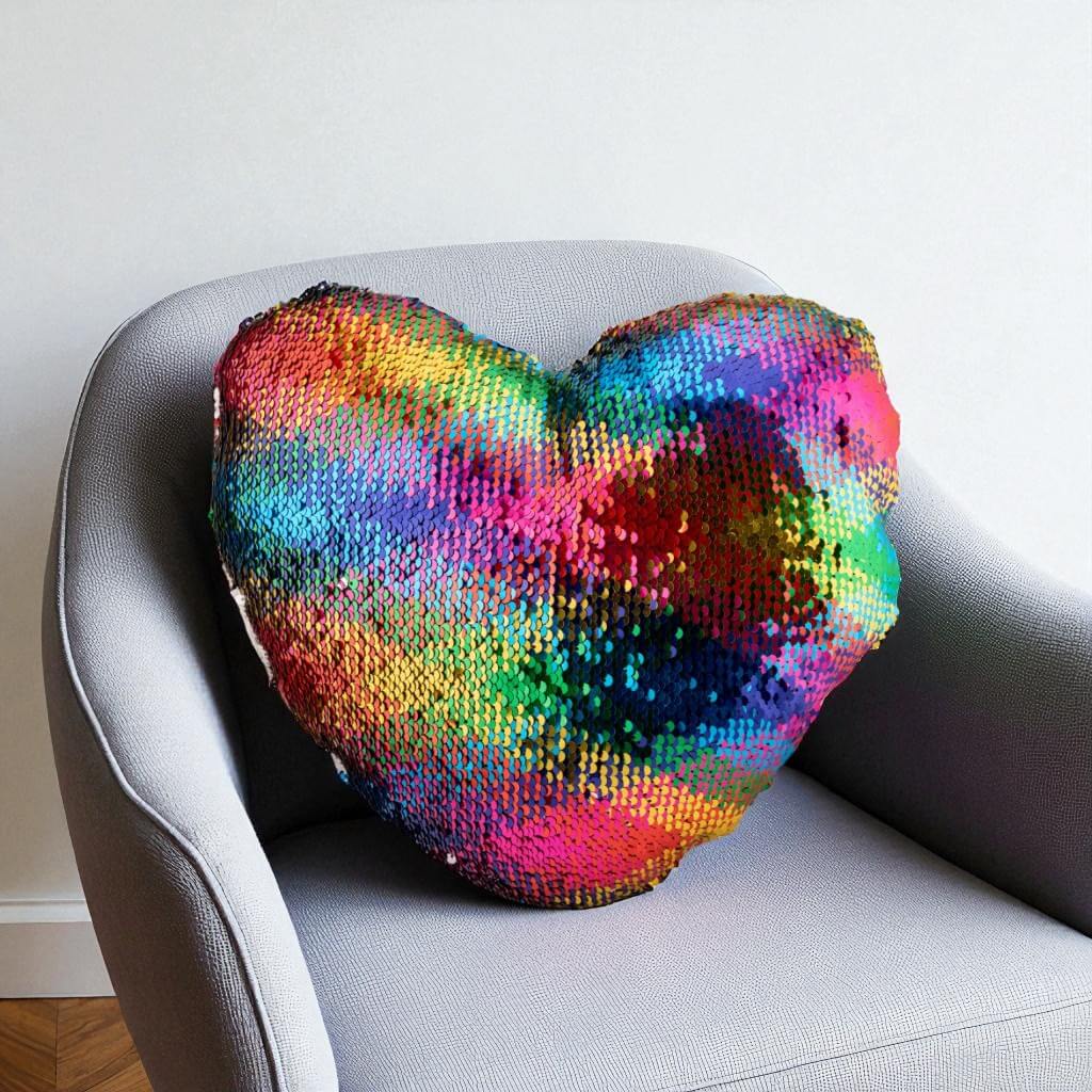 Sequin pillow on a grey chair