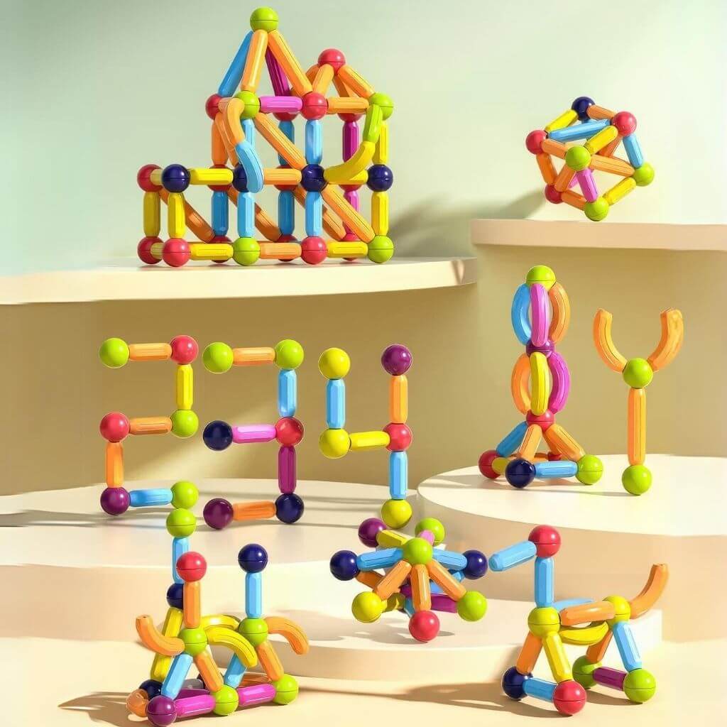 Seven cosntructions made of magnetic blocks on yellow background