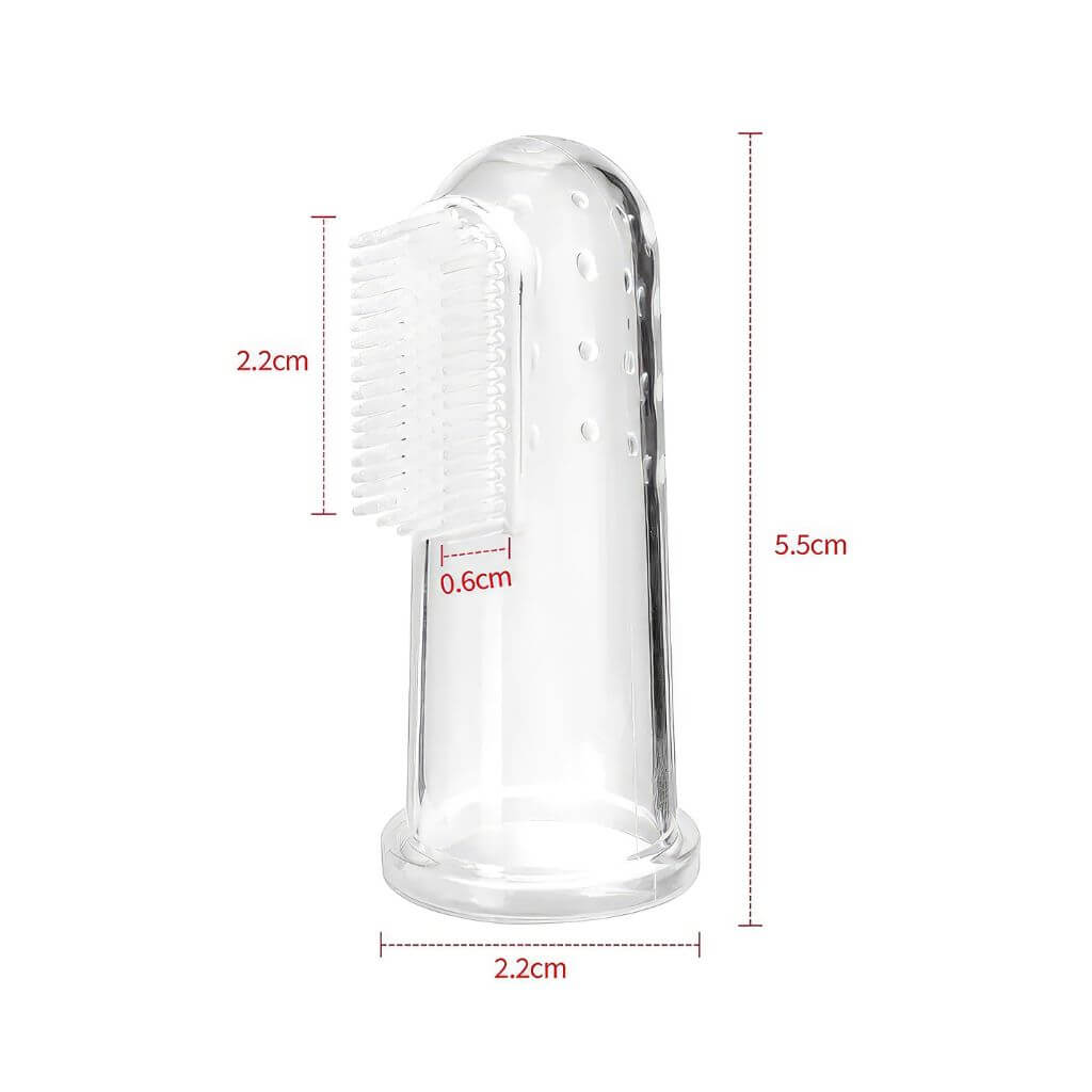 Silicone finger toothbrush with dimensions on white background