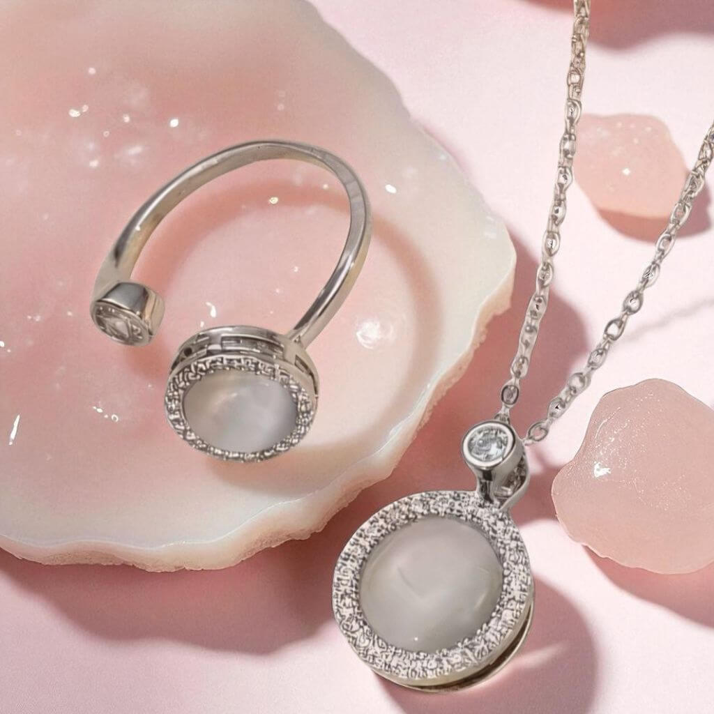 Silver ring and necklace with a central gemstone on a pink shell background