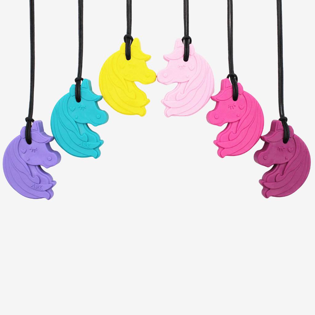 Six chewnicorn sensory-chew necklaces by Ark