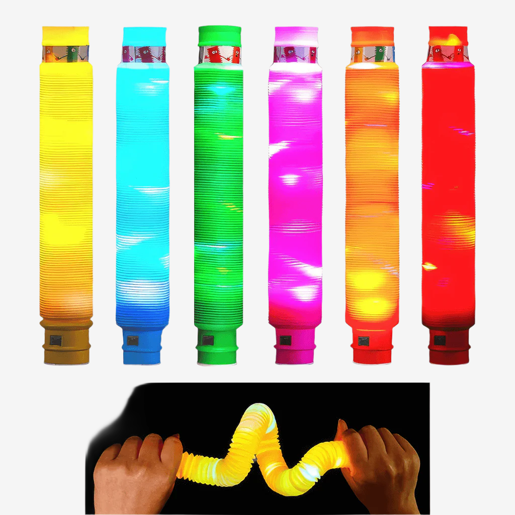 Six luminous pop tubes on white background