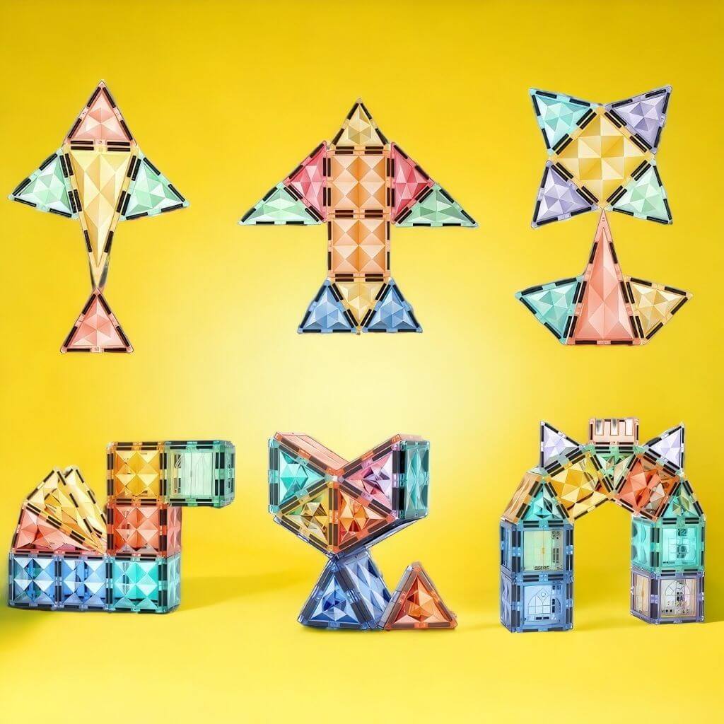 Six magnetic tiles ideas on yellow background